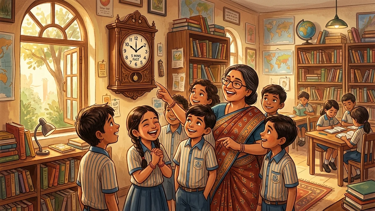पाँच मिनट आगे चलने वाली घड़ी — सचित्र नैतिक बाल कहानी | सत्यनिष्ठा
